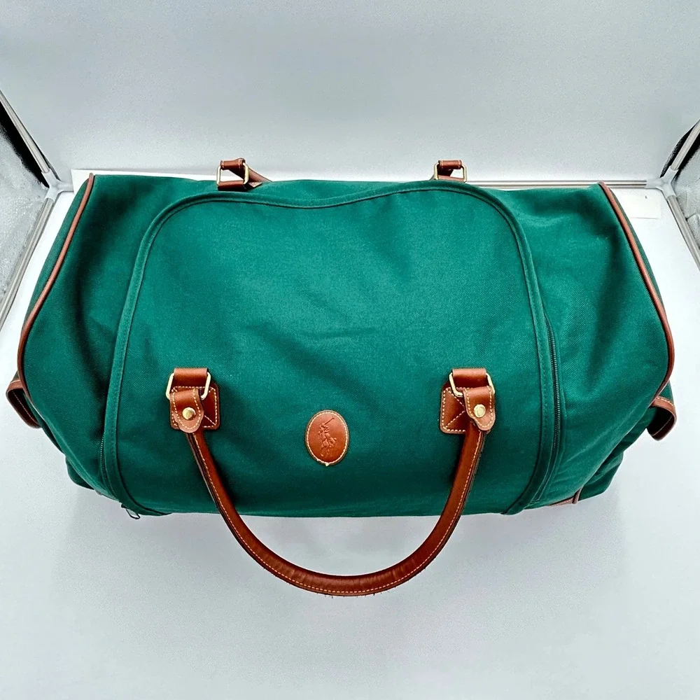 Polo Ralph Lauren Duffle Bag Green Canvas Weekend Travel Gym Pony Logo21x11
